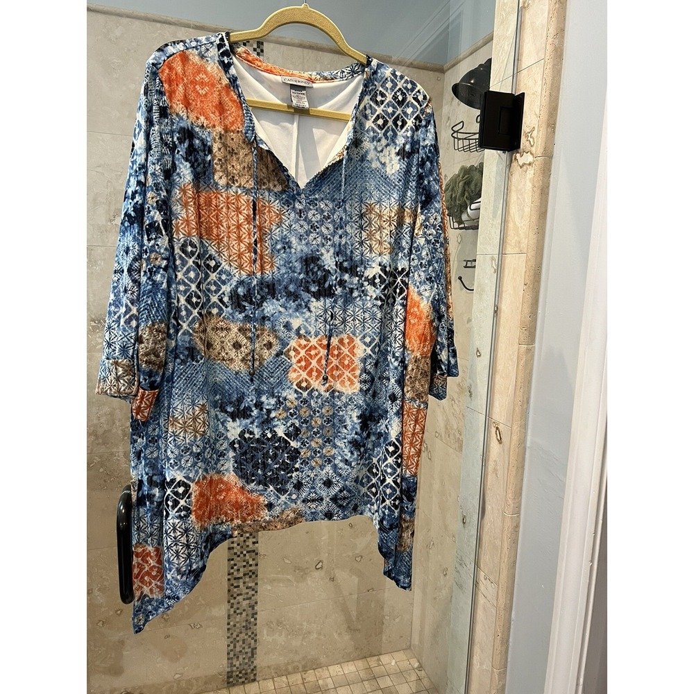 Catherines 2X WP Asymmetrical Hem Blouse Plus Petite Lined Sheer Sleeves Blue